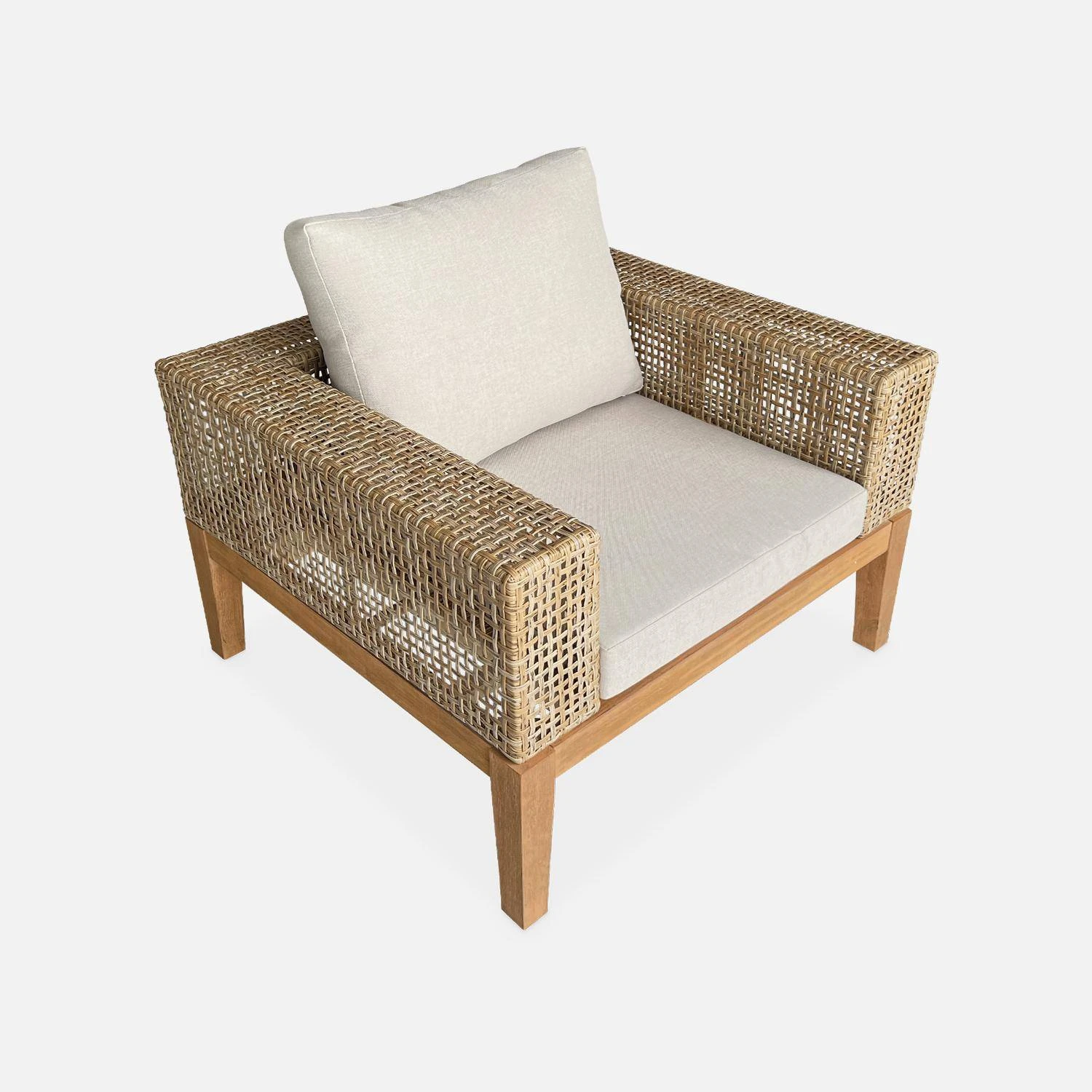 Salon De Jardin Cannage Et Bois 4 Places, Beige Couleur : Teck – Image 6