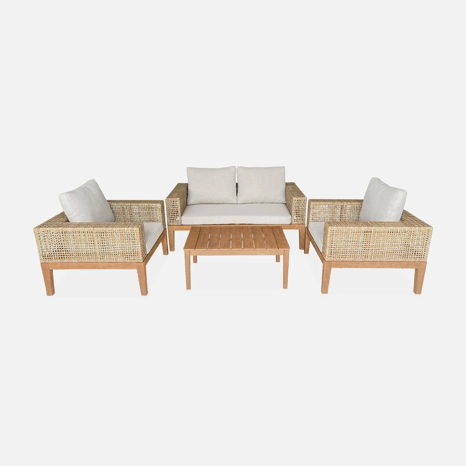 Salon De Jardin Cannage Et Bois 4 Places, Beige Couleur : Teck – Image 4