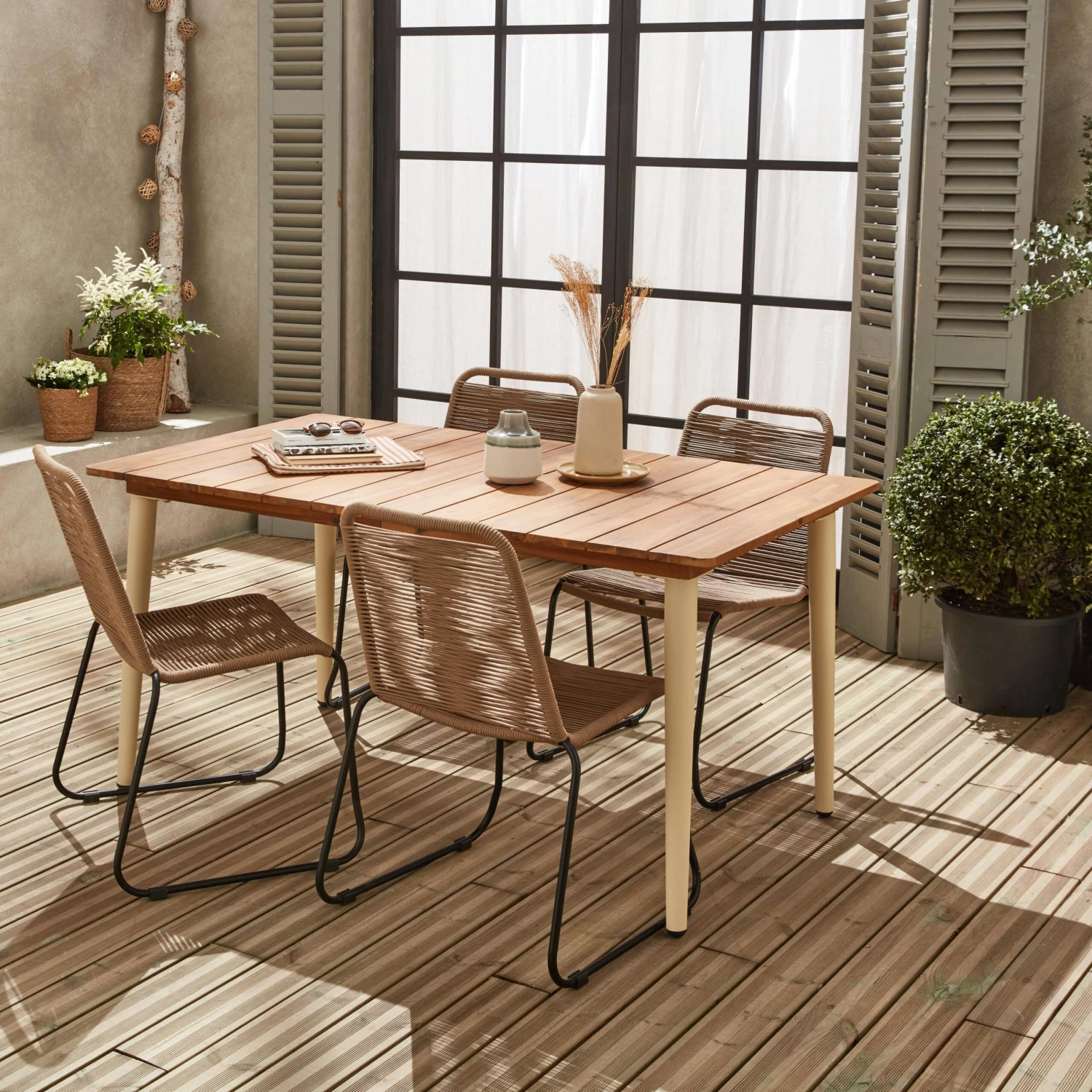 Table De Jardin Bois Et Métal + 4 Chaises En Corde Empilables Couleur : Ivoire / Beige – Image 2