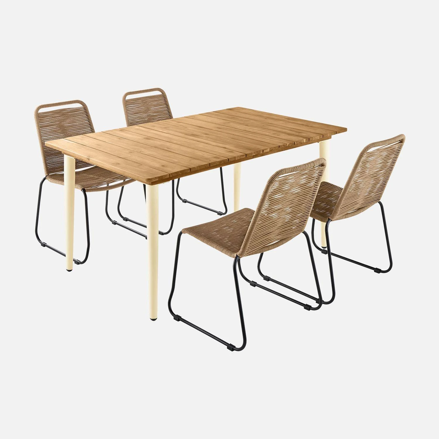 Table De Jardin Bois Et Métal + 4 Chaises En Corde Empilables Couleur : Ivoire / Beige – Image 3