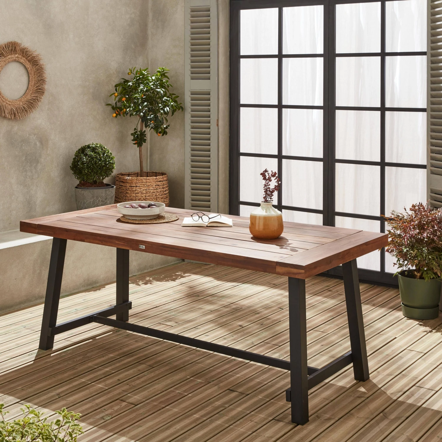 Table Intérieur / Extérieur Bois Et Métal, 190cm, 6-8 Places Couleur : Bois Foncé – Image 2