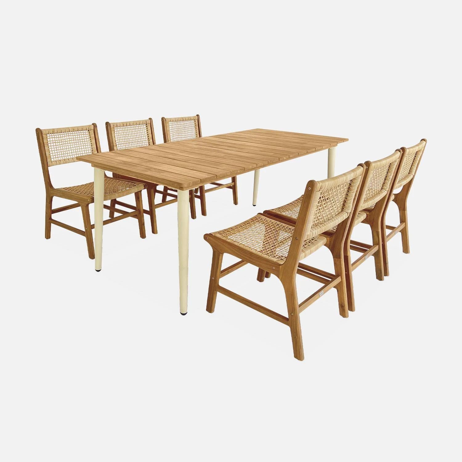 Table De Jardin Bois Et Métal + 6 Chaises En Cannage Et Bois Couleur : Ivoire – Image 3