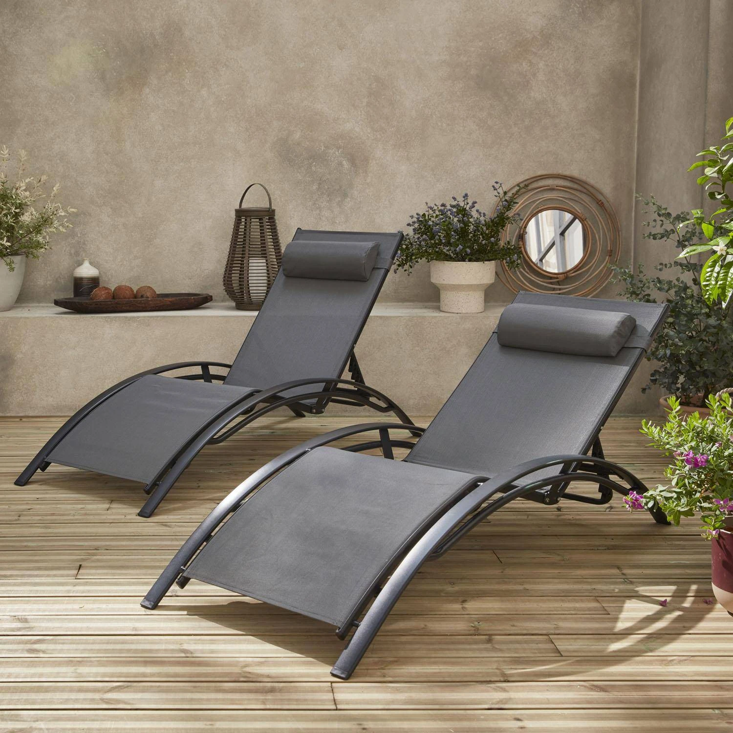 Bain De Soleil Aluminium Textilène, Multi Positions (lot De 2) Couleur : Anthracite / Gris