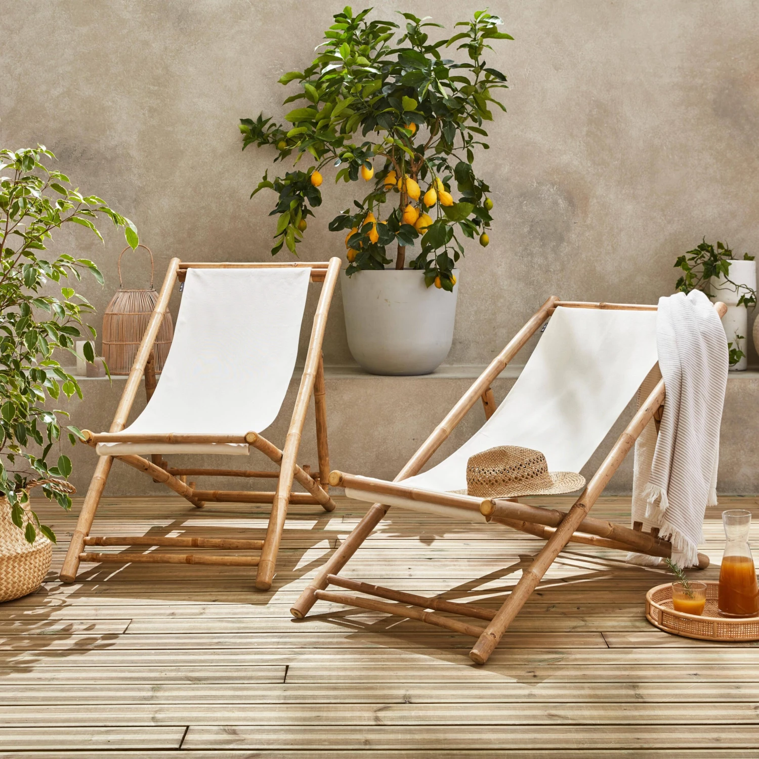 Lot De 2 Chiliennes Bambou , Toile Naturelle Pliable, Multi Positions – Image 2