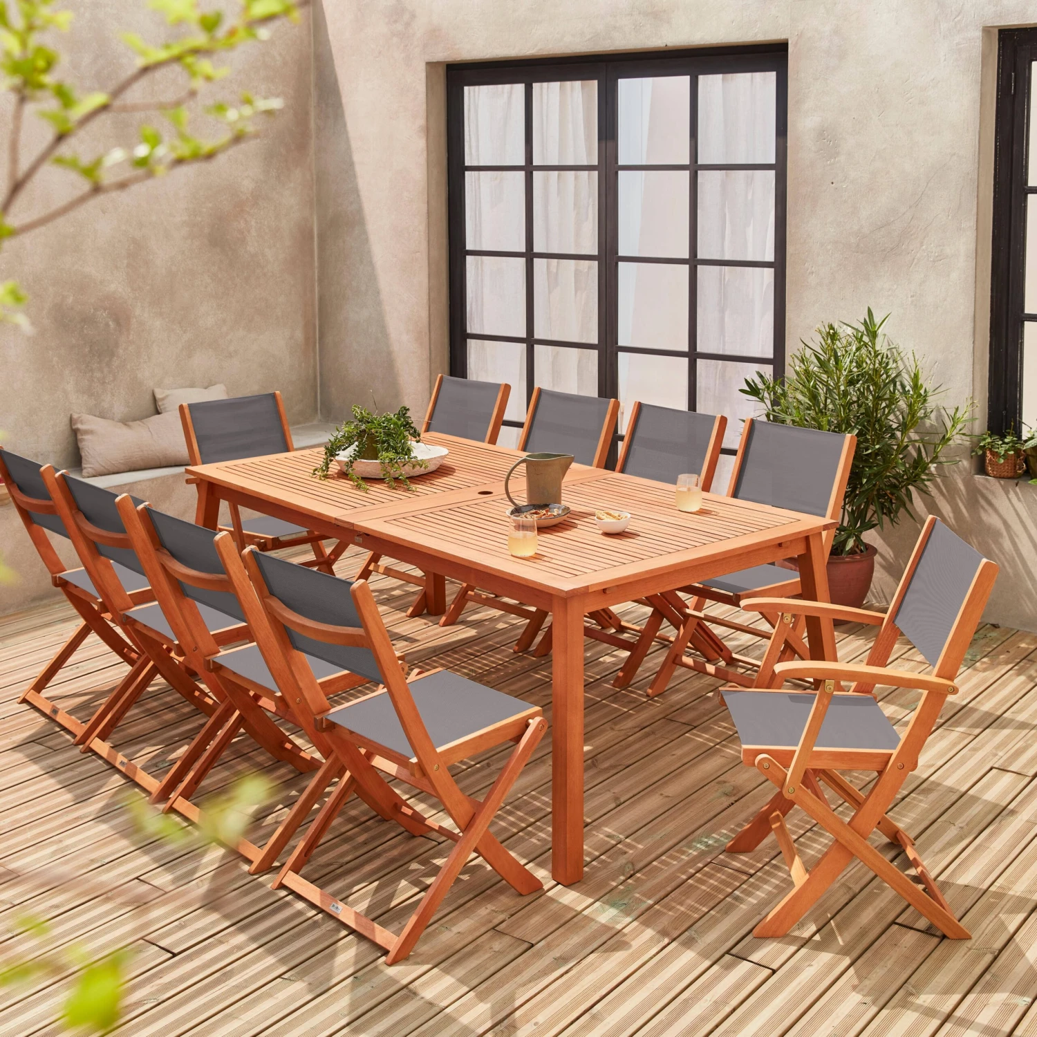 Table De Jardin Extensible Bois, 10 Chaises Couleur : Bois / Anthracite – Image 2