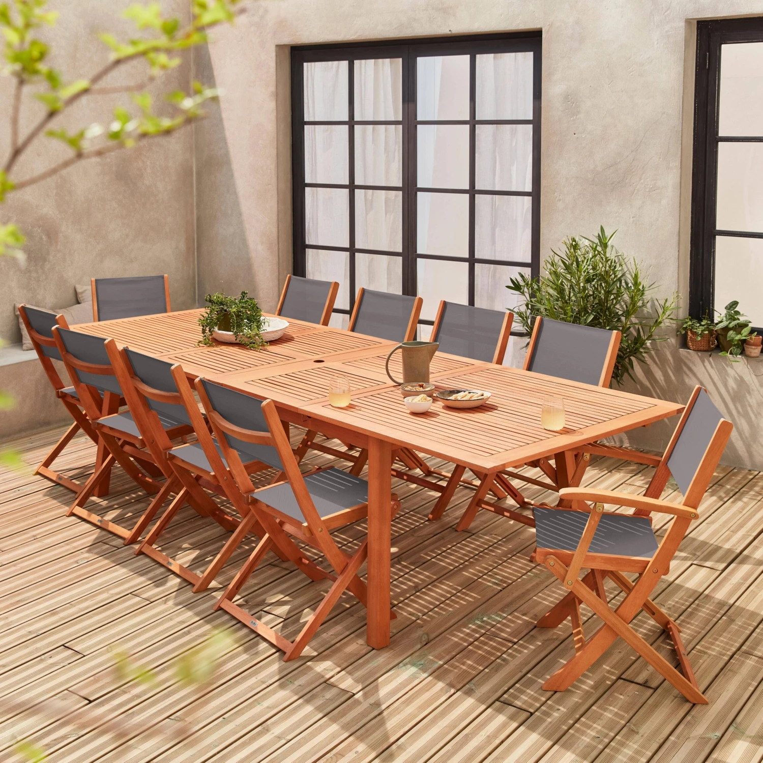 Table De Jardin Extensible Bois, 10 Chaises Couleur : Bois / Anthracite