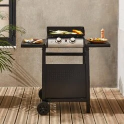 Plancha Gaz 2 Brûleurs Inox 5kW Avec Chariot