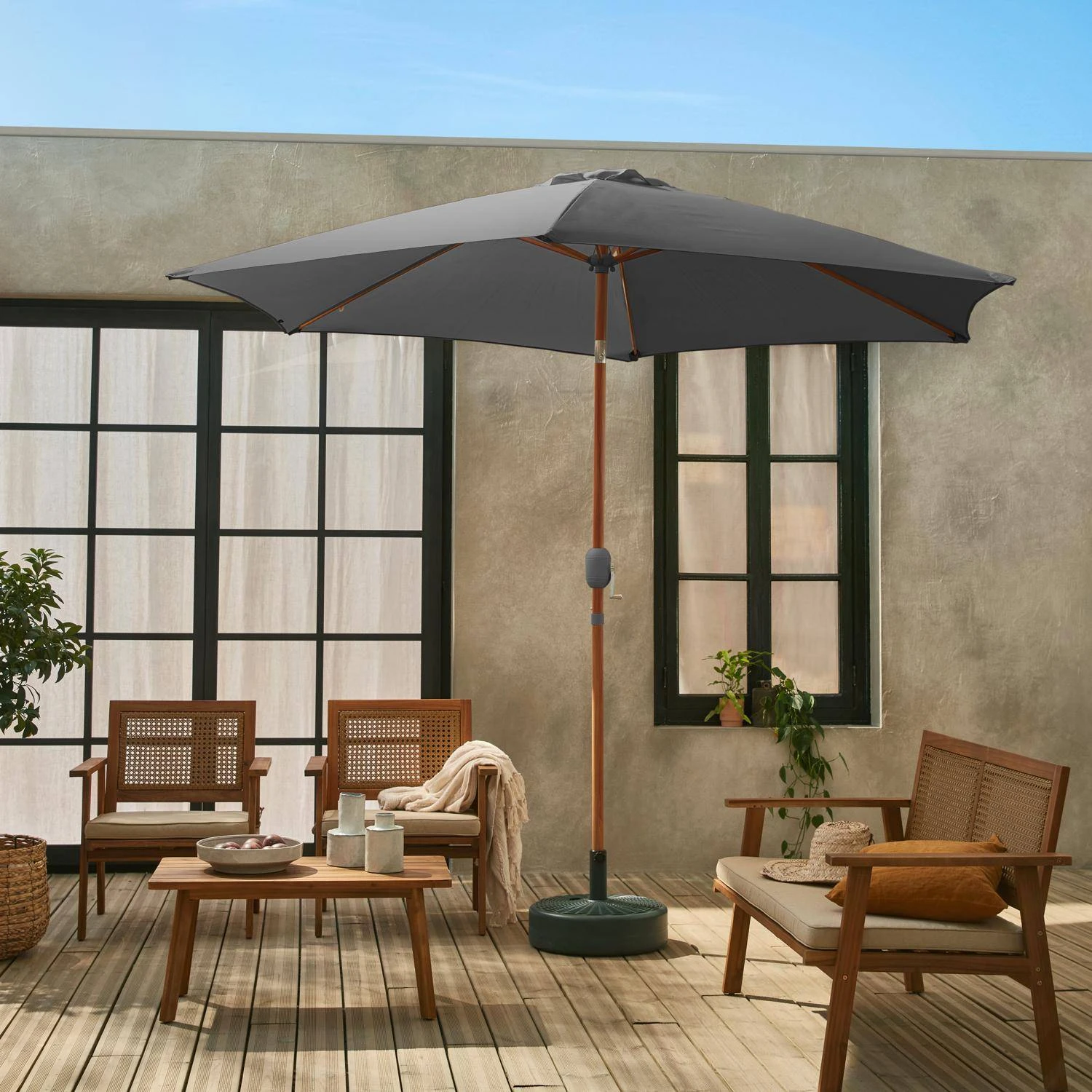 Parasol Rond 3m, Mât Effet Bois Couleur : Gris