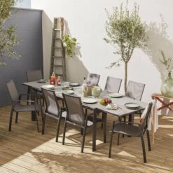 Table De Jardin Extensible Aluminium, 8 Chaises Couleur : Gris Foncé / Gris Taupe