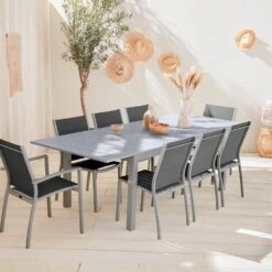 Table De Jardin Extensible Aluminium, 8 Chaises Couleur : Gris / Gris Foncé